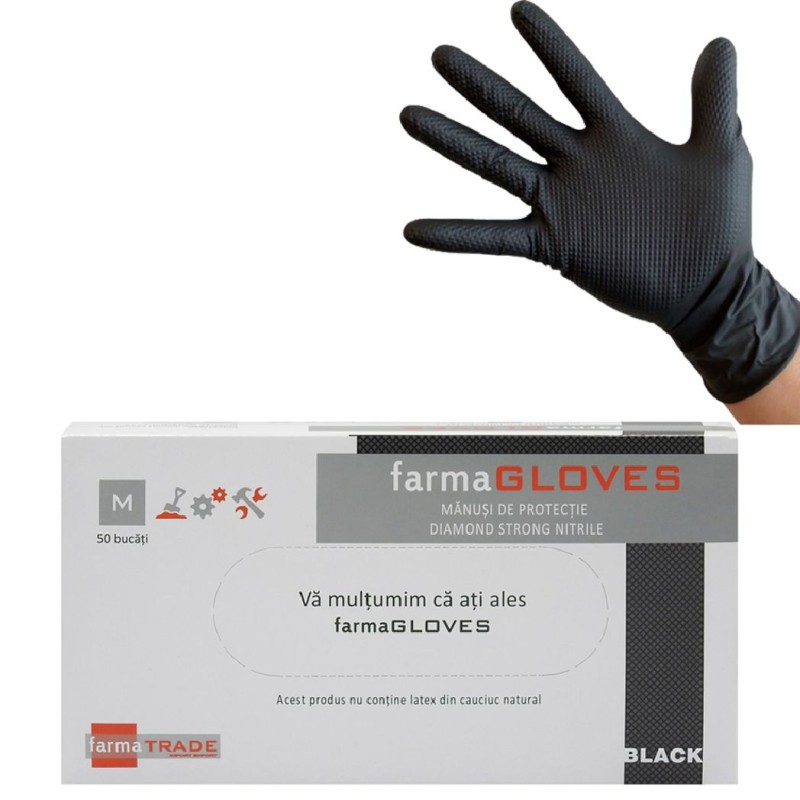 FARMA GLOVES MANUSI PROTECTIE DIAMOND NEGRE STRONG NITRILE DIVERSE MARIMI 50BUC