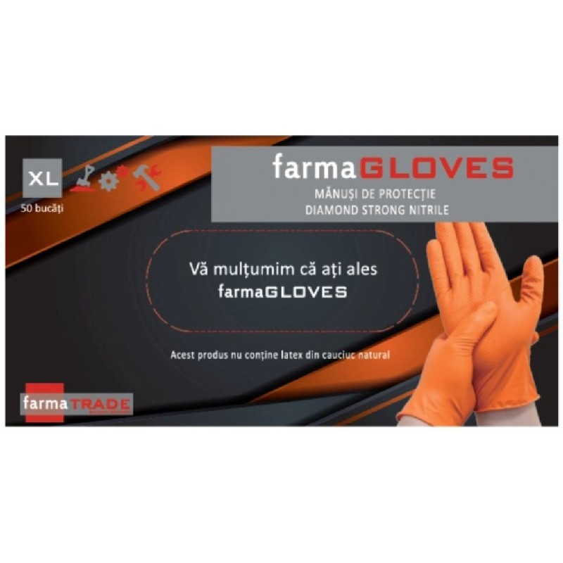 FARMA GLOVES MANUSI PROTECTIE DIAMOND PORTOCALII STRONG NITRILE DIVERSE MARIMI 50BUC
