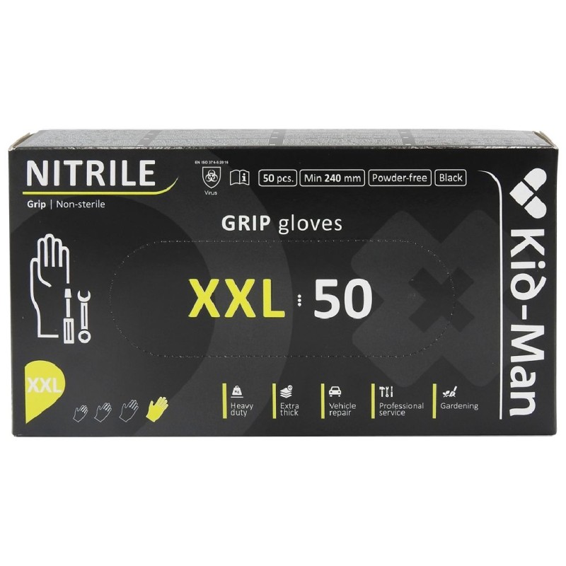 KID-MAN MANUSI NITRIL GRIP N50 NEPUDRATE NEGRE XXL 50BUC